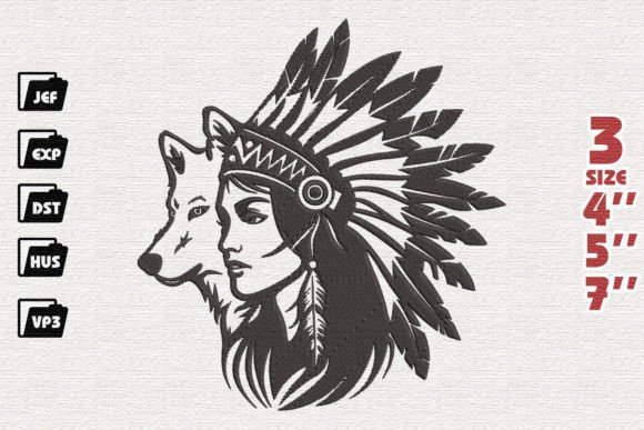 Boho Woman with Wolf, Whimsical Wilderness North America Embroidery Design By Nutty Creations