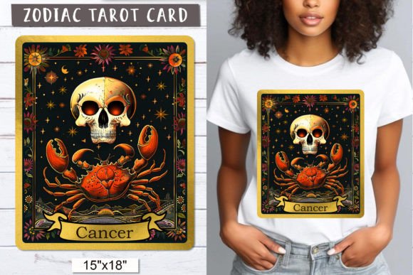 Cancer Zodiac Sign | Skull Tarot Card Gráfico Ilustrações para Impressão Por Olga Boat Design