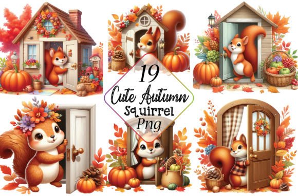 Cute Autumn Squirrel with House Clipart Grafik Druckbare Illustrationen Von PinkDigitalArt