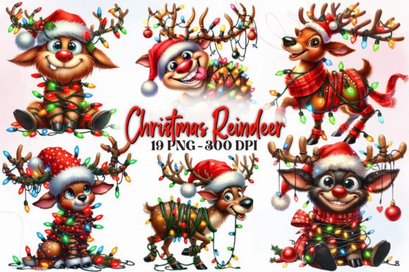Funny Christmas Reindeer Clipart Bundle Gráfico Ilustrações para Impressão Por RevolutionCraft