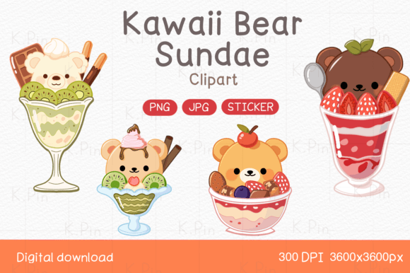 Kawaii Bear Sundae Clipart - Summer Graphic Illustrations By K.Pin Drawing