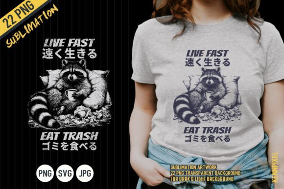 Live Fast Eat Trash Japanese Raccoon PNG Afbeelding T-shirt Designs Door kennpixel