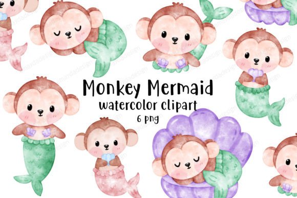 Mermaid Monkey Watercolor Clipart Graphic Illustrations By amaydastore