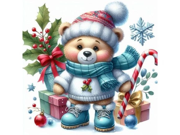 New Year Funny Toy Bear with Winter Deco Graphic Illustrations By LINEART3