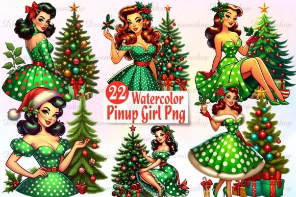 Vintage Christmas Pinup Girl Clipart Gráfico Ilustrações para Impressão Por Dreamshop