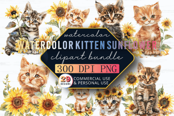 Watercolor Kitten Sunflower PNG Clipart Graphic Illustrations By DelArtCreation
