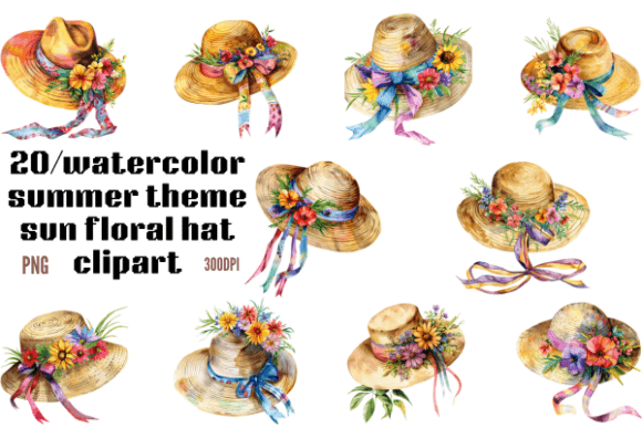 Watercolor Summer Theme Sun Floral Hat C Gráfico Plantillas Gráficas Por Creative Flow