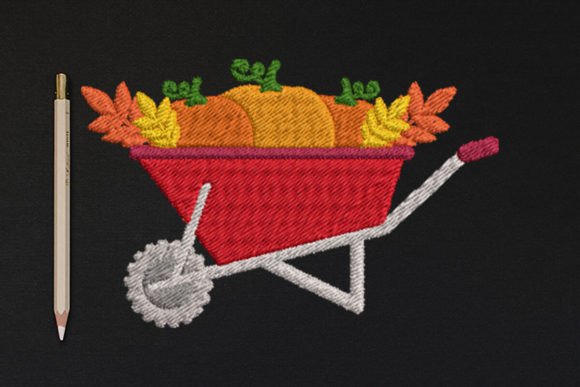 Wheel Barrow, Pumpkins with Leaves, Autumn Autumn Embroidery Design By wick john