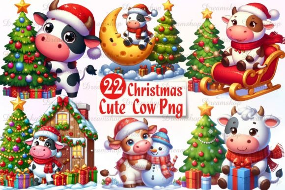 Cute Christmas Cow Clipart Bundle Graphic Illustrations By Dreamshop
