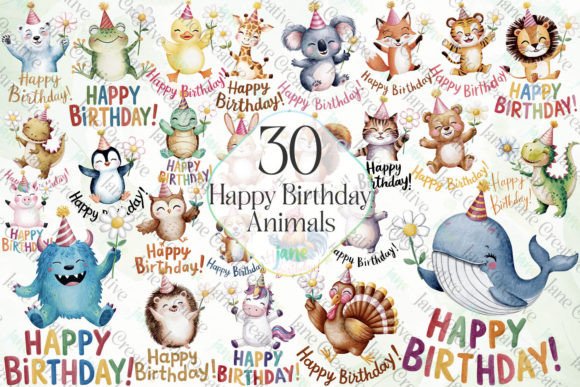 Happy Birthday Animals Sublimation Grafik Druckbare Illustrationen Von JaneCreative