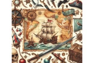 Pirate Map. Nautical Design Elements. Wa Gráfico Ilustrações para Impressão Por LINEART3 3