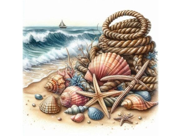 Seashell and Ship Rope Background with S Graphic Illustrations By LINEART3