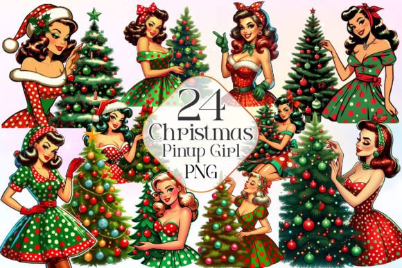 Vintage Christmas Pinup Girl Clipart Grafika Ilustracje do Druku Przez LiustoreCraft