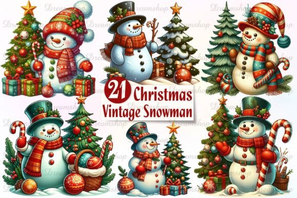 Vintage Christmas Snowman Clipart Gráfico Ilustraciones Imprimibles Por Dreamshop