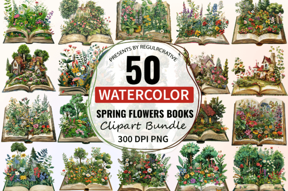 Watercolor Spring Flowers Books Clipart Gráfico Ilustrações para Impressão Por Regulrcrative