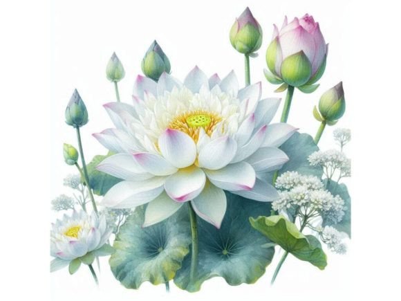 White Lotus Watercolor Botanical Illustr Grafik Druckbare Illustrationen Von LINEART3