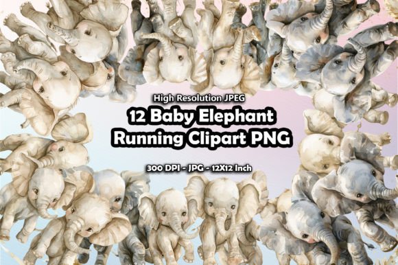 12 Baby Elephant Running Clipart PNG Graphic Illustrations By printztopbrand