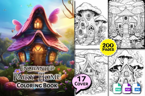 200 Enchanted Fairy Home Coloring Pages Gráfico Páginas y libros de colorear para adultos Por Panda Art