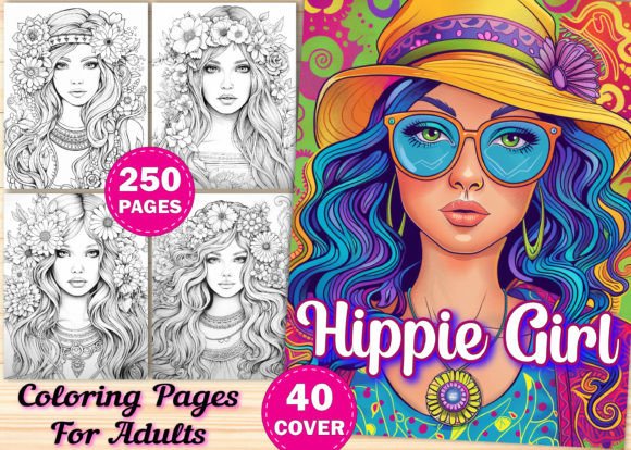 250 Hippie Girls Coloring Pages Adults Graphic Coloring Pages & Books Adults By Design Shop