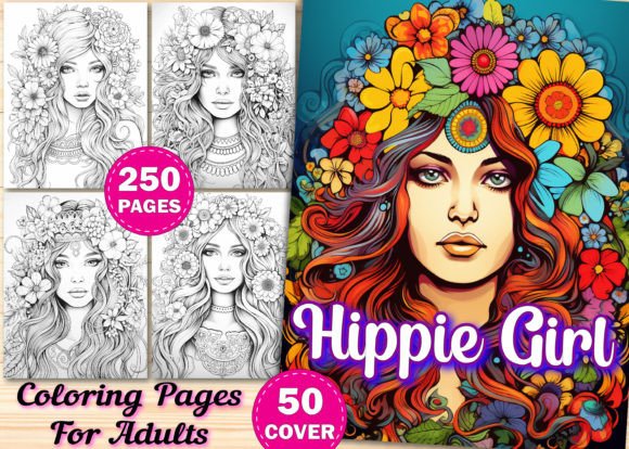 250 Hippie Girls Coloring Pages Adults Graphic Coloring Pages & Books Adults By Design Shop