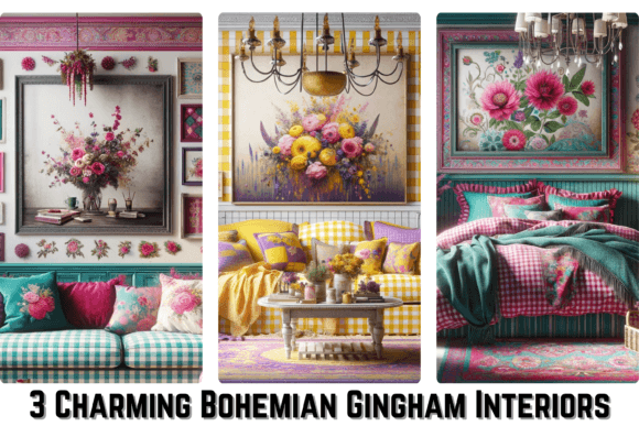 3 Charming Bohemian Gingham Bedrooms Gráfico Gráficos IA Por Pamela Arsena