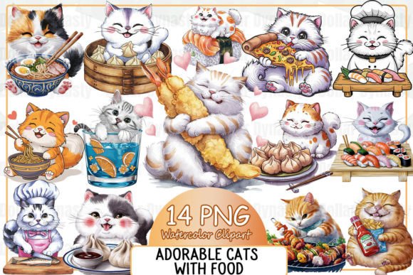 Adorable Cats with Food Sublimation Graphic Illustrations By Dollar Dynasty
