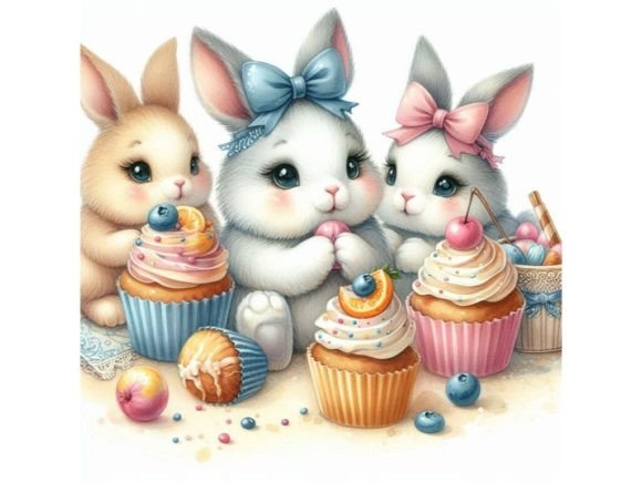 Cute Rabbit and Cupcakes. Watercolor Bun Graphic Illustrations By LINEART3
