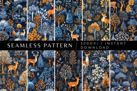 Enchanted Woodland Stag Patterns Grafika Papierowe Wzory Przez Inknfolly