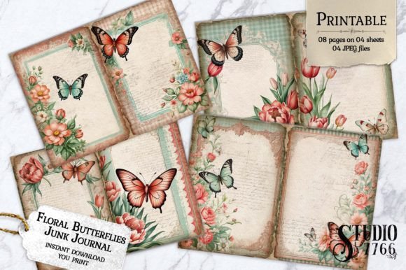 Floral Butterflies Junk Journal Pages Gráfico Modelos de Impressão Por Studio 7766