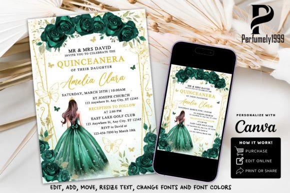 Green Quinceanera Birthday Invitation Afbeelding Afdruk Sjablonen Door perfumely1999