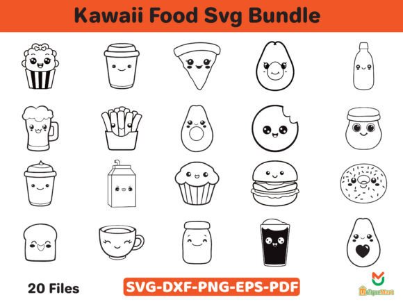 Kawaii Food Svg Bundle, Outline Kawaii Gráfico Ilustrações para Impressão Por Uniquemart