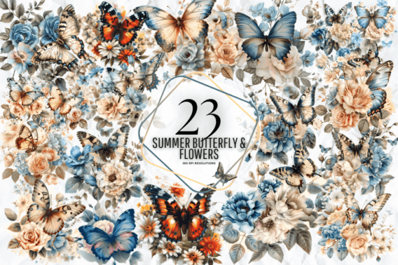 Summer Butterfly & Flowers Clipart Grafica Illustrazioni Stampabili Di Markicha Art