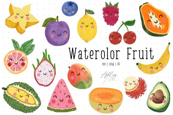 Watercolor Fruit with & Without Faces Afbeelding Afdrukbare Illustraties Door AshleyKatrina