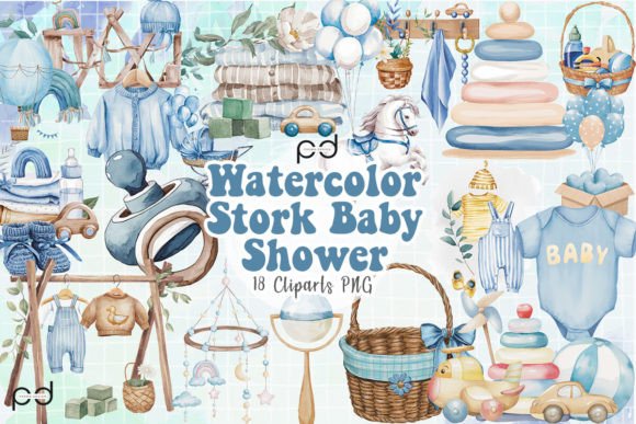 Watercolor Stork Baby Shower Clipart PNG Grafika Ilustracje do Druku Przez Padma.Design