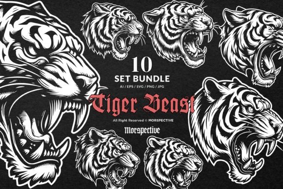 10 Bundle Dark Art Tiger Beast Head Graphic Illustrations By morspective