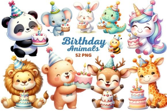 Birthday Animals with Cake Party Clipart Grafica Modelli di Stampa Di AquarelleAuraPalette