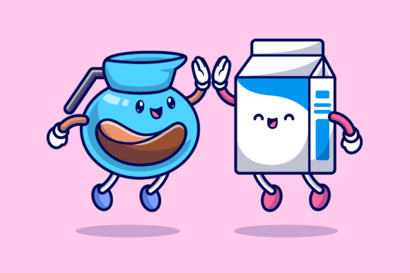 Cute Coffee High Five with Milk Cartoon Graphic Illustrations By catalyststuff