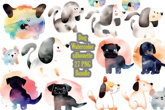 Dog Watercolor Silhouette PNG Bundle Graphic AI Graphics By svg.in.design