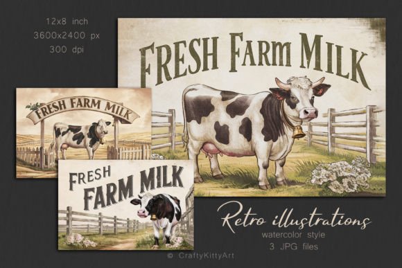 Fresh Farm Milk Cow Vintage Illustration Graphic Illustrations By CraftyKittyArt