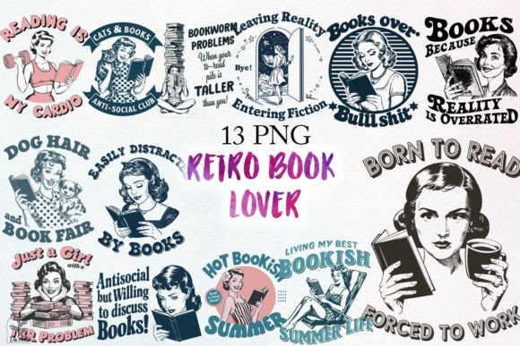 Retro Book Lover Sublimation Clipart Afbeelding Afdrukbare Illustraties Door DS.Art