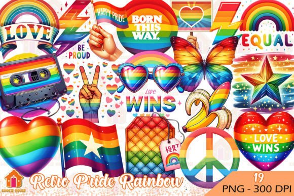 Retro Pride Rainbow Clipart PNG Gráfico Ilustraciones Imprimibles Por Kookie House