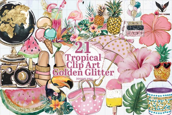 Tropical Golden Glitter Clipart PNG Grafika Ilustracje do Druku Przez VictoryHome