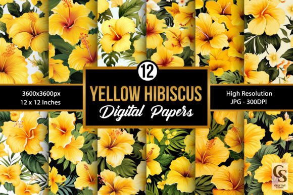 Yellow Hibiscus Flowers Digital Papers Graphic Patterns By Creative Store