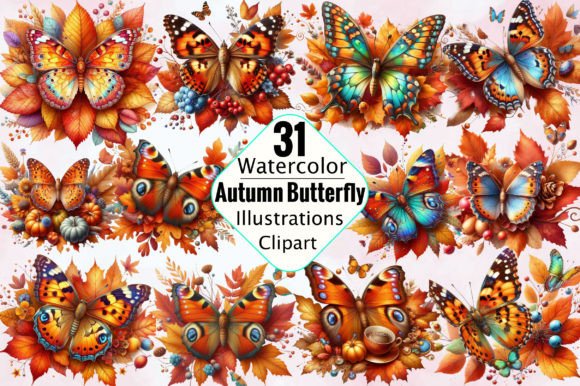 Autumn Butterfly Watercolor Clipart Gráfico Ilustrações para Impressão Por SVGArt