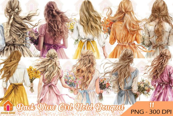 Back View Girl Hold Bouquet Clipart PNG Graphic Illustrations By Kookie House