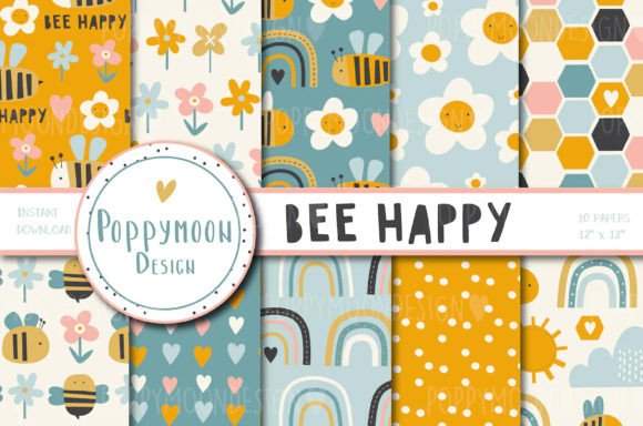 Bee Happy Paper Set Graphic Patterns By poppymoondesign