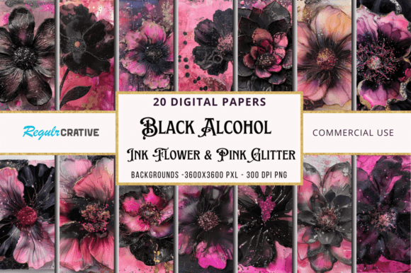 Black Alcohol Ink Flower & Pink Glitter Graphic Backgrounds By Regulrcrative