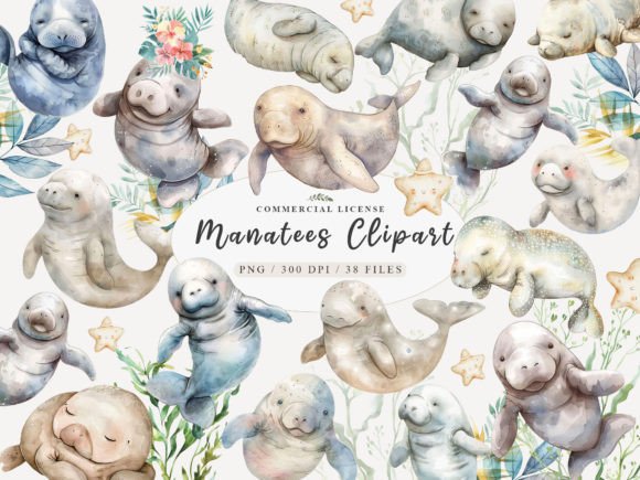 Cute Baby Watercolor Manatees Clipart Grafica Illustrazioni Stampabili Di UsisArt