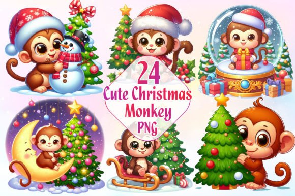 Cute Christmas Monkey Clipart Bundle Grafika Ilustracje do Druku Przez LiustoreCraft