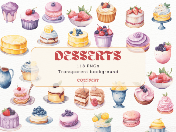 Desserts Watercolor Cliparts Cute PNGs Gráfico PNG transparentes AI Por CozyNest Studio